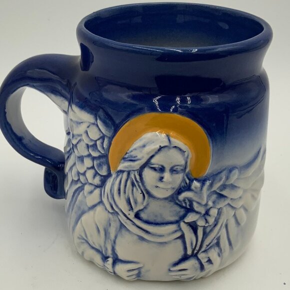 Vintage Flat Earth Pottery ‘92 Coffee Mug signed 3D Angel w/ Wings Cobalt Blue - Picture 1 of 8